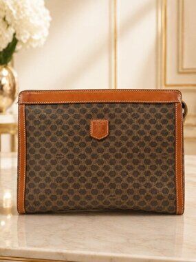 Authentic Celine Macadam Canvas Clutch Brown Leather Trim Vintage Designer Pouch